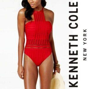 Kenneth Cole New York Red tough lux Crochet Halter One-Piece Swimsuit Size s